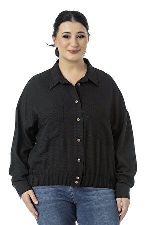 Plus Size Drop Sleeve Hem Elasticated Patch-Pocket Shirt