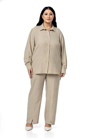 Plus Size Pearl Detail Shirt Trousers Two-Piece Set