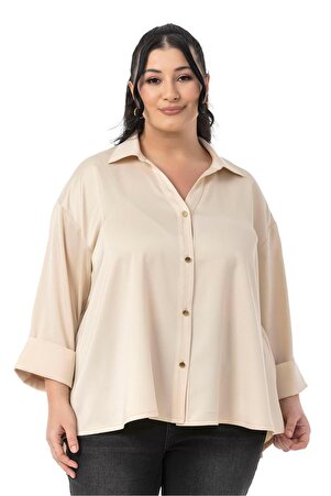 Plus Size Turn-Up Fold-Detail 3/4 Sleeve Satin Shirt