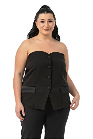 Plus Size Satin Decorative Pocket-Flap & Satin-Covered Button Elasticated-Back Bustier