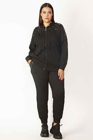 Kadın Siyah Ön Fermuarlı Taş Detaylı Kapşonlu Sweatshirt Pantolon Takım 26a28091