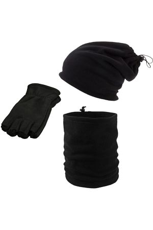 Unisex Siyah Kışlık Polar Kesik Yarım Parmak Eldiven Polar Bere Polar Boyunluk 3'lü Set