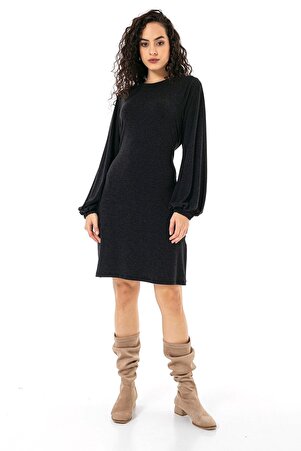 Round Neck Elasticated Cuff Tie-Waist Wool-Touch Viscose Dress