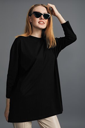 Uzun Kollu Örme Tunik - Siyah Kadın Tesettür Tunik Modest Tunik Örme Elbise Uzun Kollu Elbise