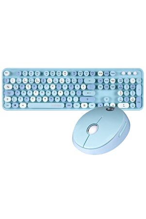 Round Km-6282 Renkli Daktilo Tuşlu Mavi Kablosuz Q Multimedia Klavye + Mouse Set