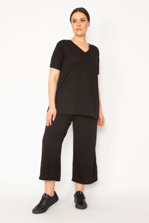 Kadın Siyah Kaşkorse Örme Beli Lastikli Geniş Paçali Pantolon V Yakali Bluz Takim 65N32939