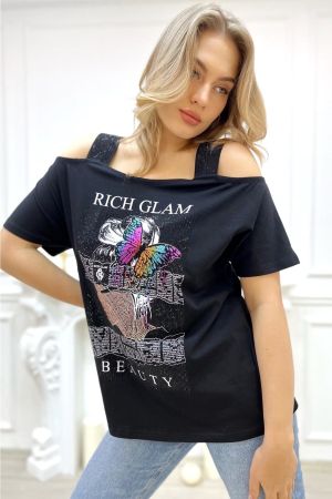 Büyük Beden Siyah Omuzları Açık Baskılı Crystal Taşlı Pamuk Kadın T-shirt