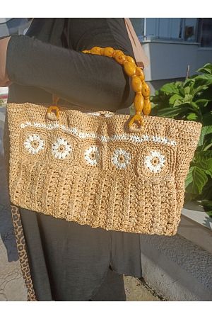 Hasır Motif El Kol Çantası Naturel Rafya Ipten