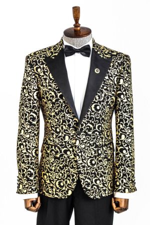 Siyah Üzerine Gold Desenli Simli Damatlık Ceket