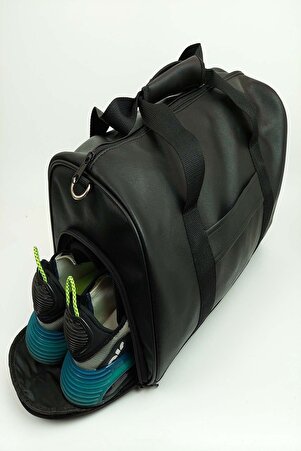 Siyah Unisex Deri Seyahat&fitness Bag&spor Çantası - Omuz & Askılı Yan Ayakkabı Bölmeli Spor Çantası