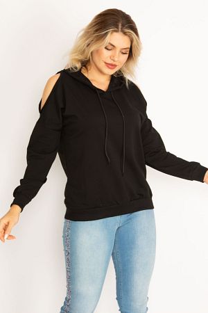 Kadın Büyük Beden Siyah Kapşonlu Omuz Dekolteli Sweatshirt 65n18831