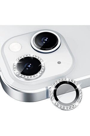 Iphone 13 / 13 Mini Uyumlu Gümüş Swarovski Taşlı Kamera Lensi Koruyucu