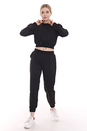 Hooded Long Sleeve Turtleneck Waist Elasticated Front Pocket Cropped Tracksuit