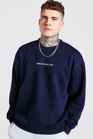 Lacivert Sweat Brooklyn Baskılı Overisize