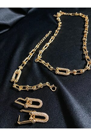 Gold Tiffany Zincir Zirkon Taşlı Kolye Bileklik Küpe 3lü Takım