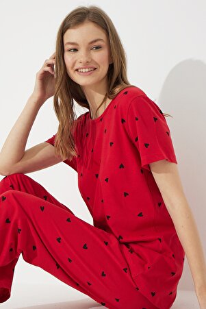 Kırmızı Kısa Kollu Pamuklu Pijama Takımı