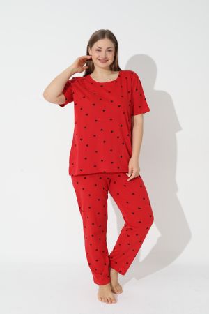 Kırmızı Curve Büyük Beden Battal Boy Kısa Kollu Pamuklu Pijama Takımı