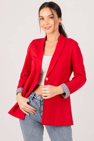 Kadın Kırmızı Kol İçi Çizgili Tek Düğmeli Ceket ARM-22K001122