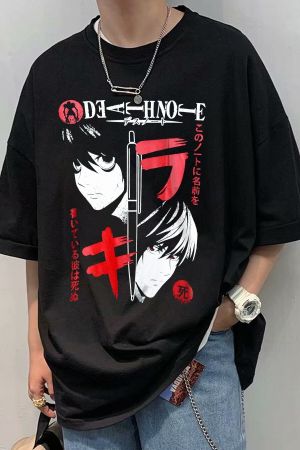 Siyah Renk Death Note Baskılı Unisex Oversize Anime T-shirt