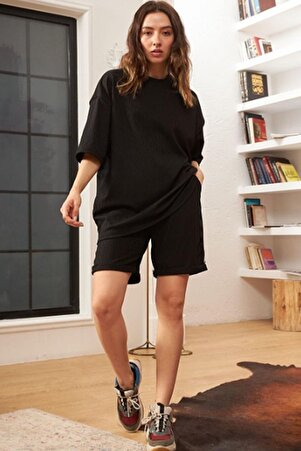 Unisex Siyah Oversize Bol Kalıp T-shirt Şortlu Alt Üst Ikili Takım