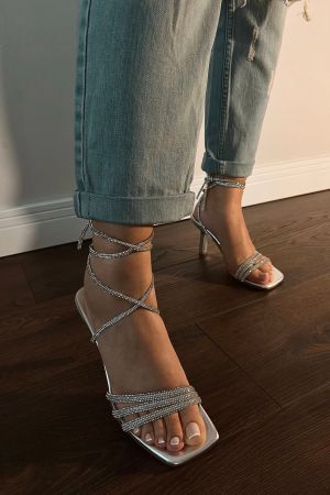 Kadın Shine Taş Biyeli Işıltılı Bilekten Bağlamalı Topuklu Şık Abiye Ayakkabı