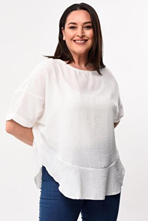 Kadın Büyük Beden Yarasa Kol Şık Tasarım Geniş Kalıp Beyaz Renk Bluz