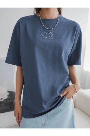 Kadın Indigo Mavi Penguen Baskılı Oversize T-shirt