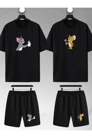Unisex Kadın Erkek Tom Ve Jerry Rakı Baskılı Sevgili Çift Kombini Tasarım Oversize Tshirt Ve Şort