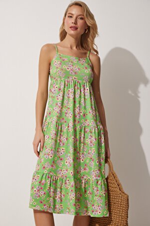 Kadın Yeşil Askılı Çiçekli Yazlık Örme Elbise UB00068
