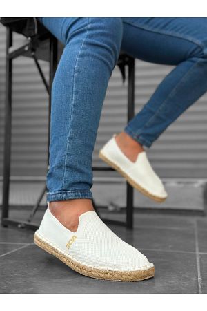 Erkek Beyaz El Yapımı Hasır Taban Düz Rahat Örme Triko Spor Günlük Espadril Ayakkabı Sneaker