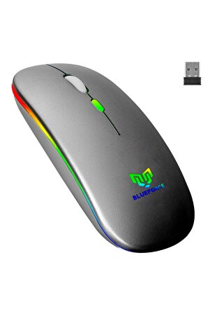 V5.0 Bluetooth & Wireless 2,4ghz Sessiz Kablosuz Mouse Gri Işıklı Şarjlı Pc Laptop Tv Mac Uyumlu