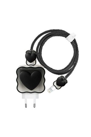 Apple Iphone Kablo Koruyucu Ve Şarj Adaptör Kılıf Süslü Kalp Desenli Siyah