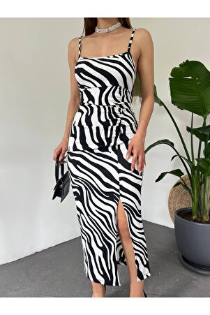 Zebra Desenli Askılı Derin Yırtmaçlı Bürümcük Yazlık Elbise