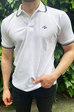 Polo Yaka Erkek Tişört, Beyaz Renkli Siyah Çizgili Kısa Kollu Model, %100 Pamuk