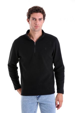 Siyah Regular Fit Düz Yarım Fermuarlı Bato Yaka Polar Sweatshirt