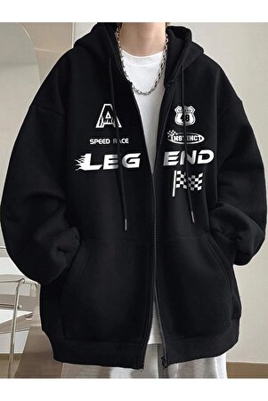 Legend Hırka - Siyah Baskılı Kışlık Oversize Kapüşonlu Fermuarlı Cep Detaylı Hırka