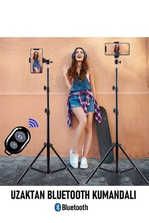 Bluetooth Kumandalı 210 cm Tripod Telefon Tutuculu Selfie Çubuğu Telefon, Kamera, Lamba, Tripodu