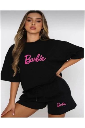Kadın Barbie Yazı Baskılı Oversize Rahat T-shirt Şort Takım