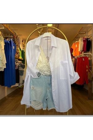 Kadın Oversize Beyaz Keten Gömlek Yeni Sezon Yazlık Gömlek