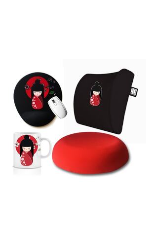 Officeküp 4'lü Ofis Seti: Visco Bel Destek Yastığı & Oturma Minderi & Mousepad & Kupa - Geisha