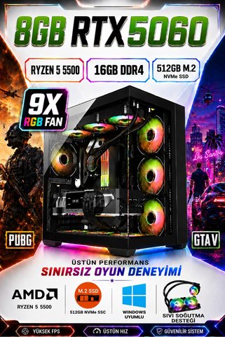 Dmc N344 Win11 / RYZEN 5 5500 / 16GB DDR4 RAM/ 512GB M2 / 8GB RTX5060 / Sıvı soğutmalı Oyuncu Bilgisayar