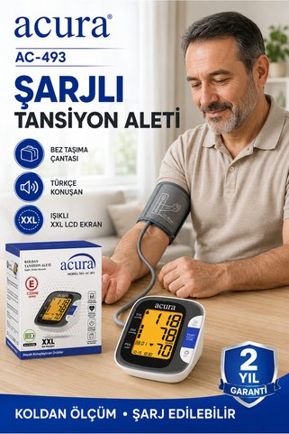 Acura AC-493 Şarjlı, Çantalı, XXL Ekranlı XXL Manşetli Tansiyon Aleti