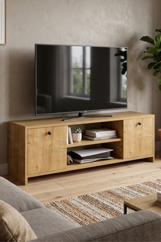 Monte Sehpa CUBE 120 cm TV Ünitesi – Kapaklı ve Raflı Modern TV Sehpası Meşe