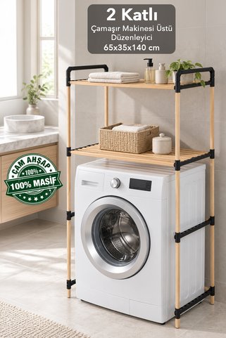 Meleni Home Ahşap Çamaşır Makinesi Organizeri - 2 Raflı Kolay Kurulum Çamaşır Makinası Üstü Banyo Düzenleyici