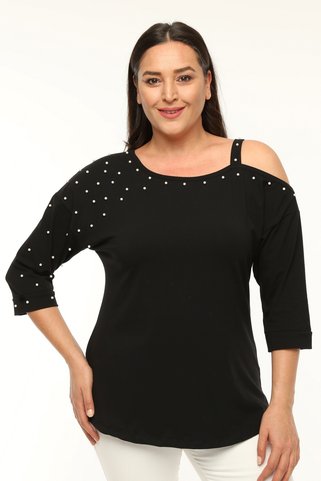 Curvy Trend Büyük Beden Asimetrik Tek Omuz İnci Detaylı Bluz