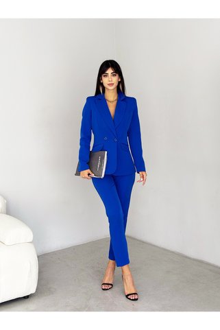 diaves Saks Mavi Kruvaze Blazer Ceket Havuç Pantolon Takım Elbise