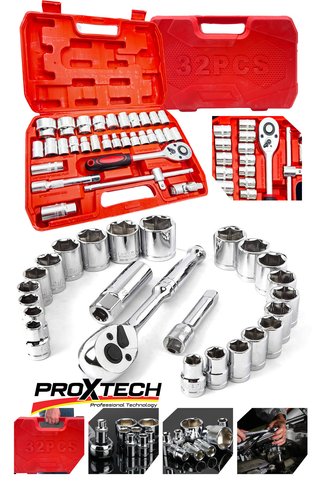 PROXTECH Profesyonel Büyük Parlak 32 Parça Chrom Vanadıum Cırcırlı Lokma Takımı 1/2 Cr-v Çeliği