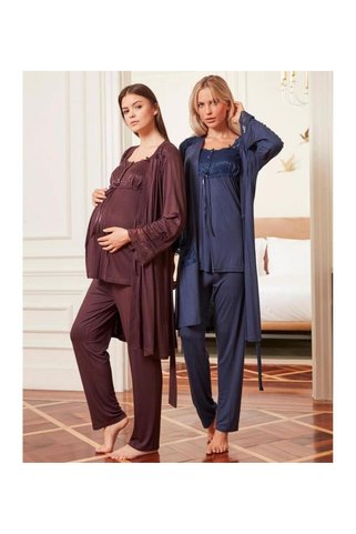 BirolGaye 4804 Lacivert Hamile Lohusa 3 Lü Pijama Sabahlık Tk