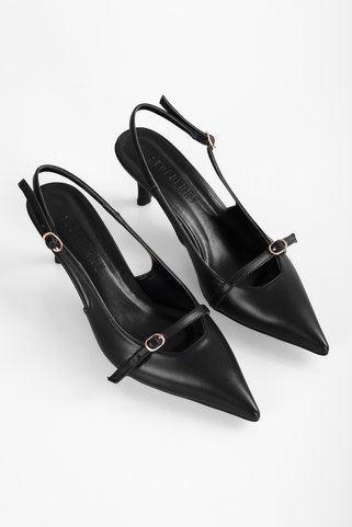 Shoeberry Kadın Royal Siyah Cilt Kemerli Tokalı Sivri Stiletto
