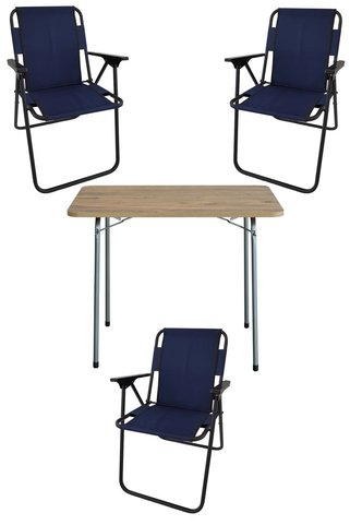 Bofigo 60x80 Çam Desenli Katlanır Masa + 3 Adet Katlanır Sandalye Kamp Seti Bahçe Takımı Lacivert